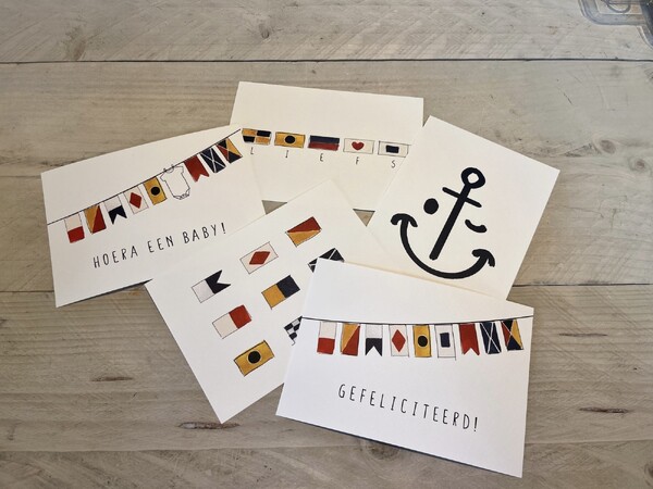 Set van 5 ansichtkaarten Seinvlaggen
